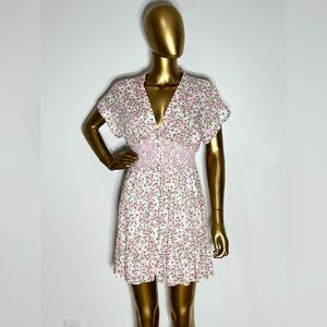 Alice + Olivia Keela Smocked Floral Print Crepe Pink White Mini Dress ~ Size 4